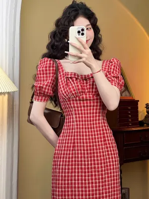 - Retro Square Neck Puff Sleeve Dress GEU1540