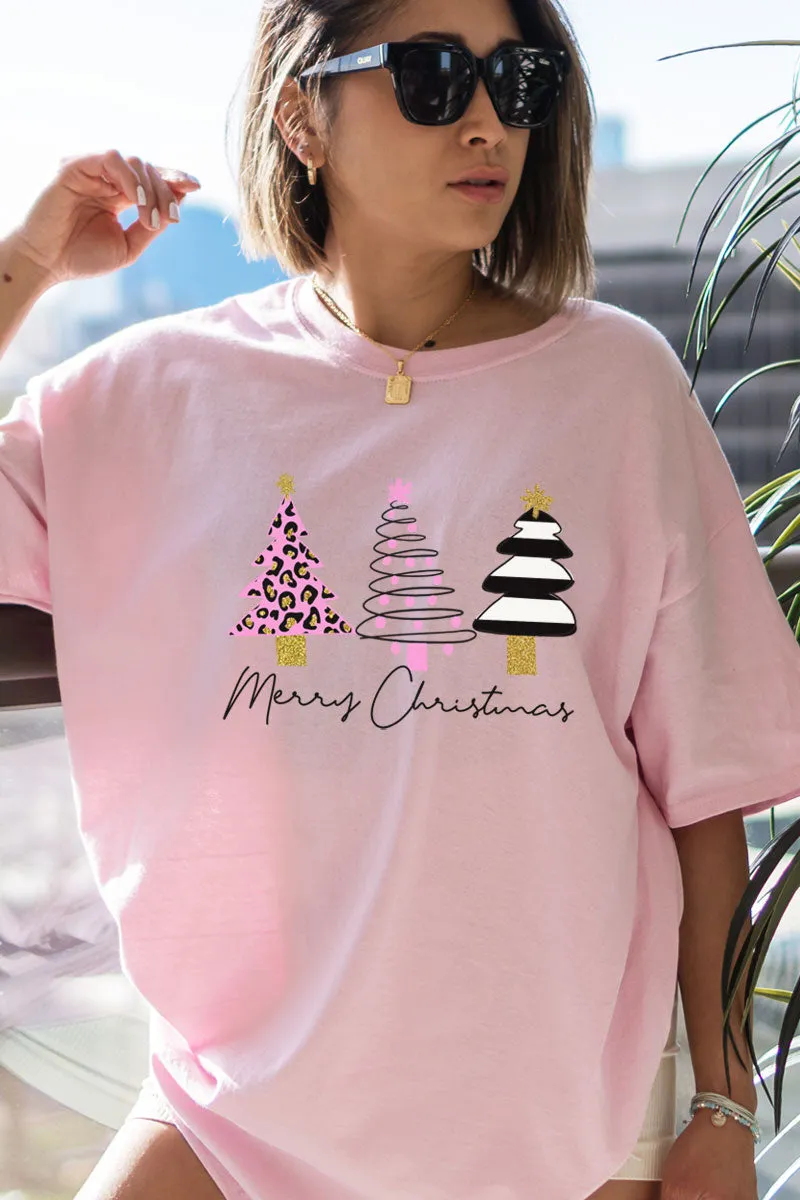 3 Pink Trees Merry Christmas Short Sleeve Relaxed Fit T-Shirt