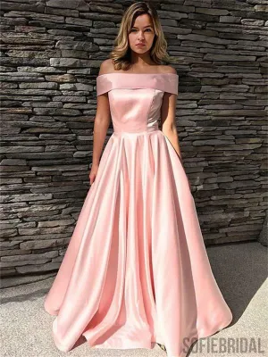 A-line Off-shoulder Zipper Back Simple Cheap Long Pink Prom Dresses, PD0101