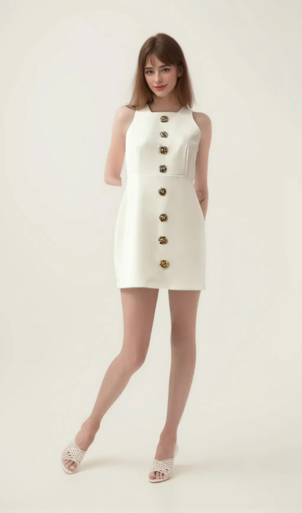 Adrielle white flower-motif puff mini dress