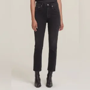 Agolde Riley High Rise Straight Crop Jeans in Panoramic Gray Black Button Fly 28
