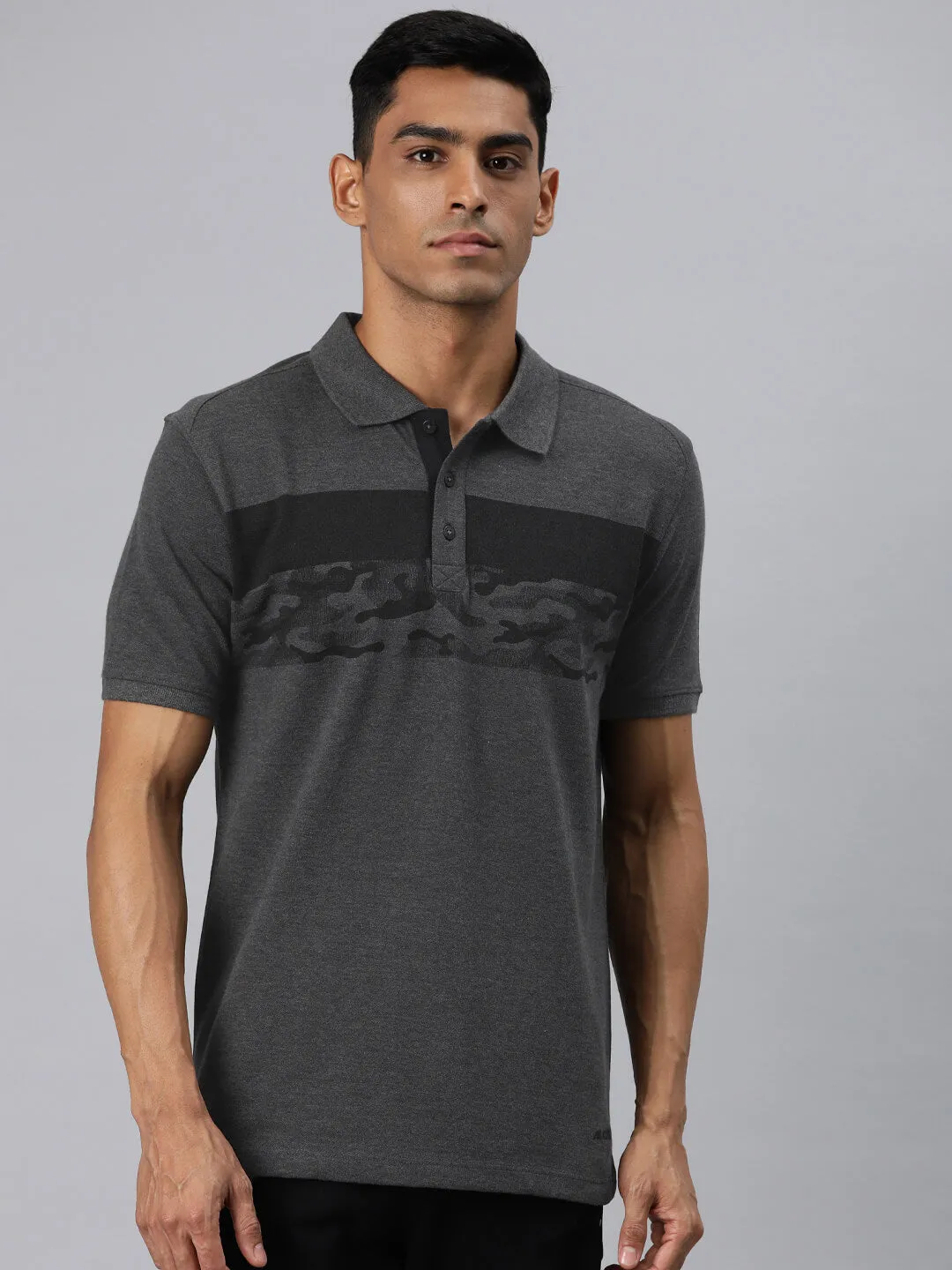 Alcis Men Grey Melange Printed Polo Collar T-shirt