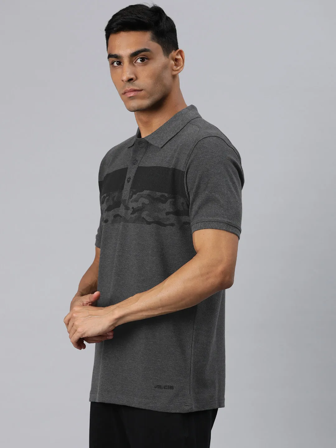 Alcis Men Grey Melange Printed Polo Collar T-shirt