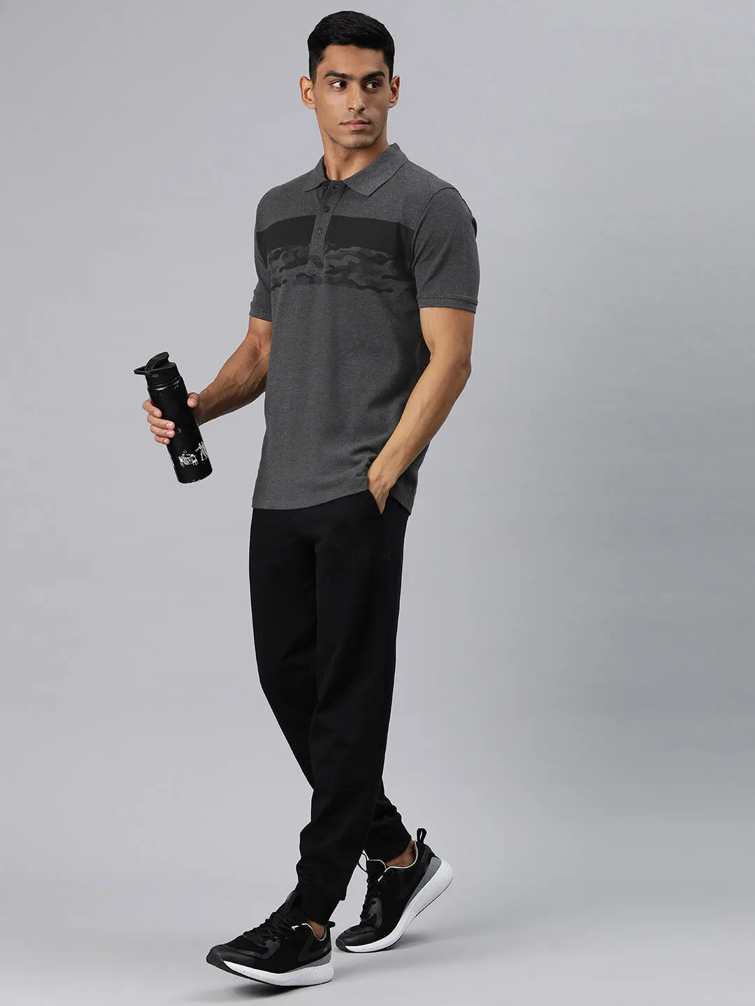 Alcis Men Grey Melange Printed Polo Collar T-shirt