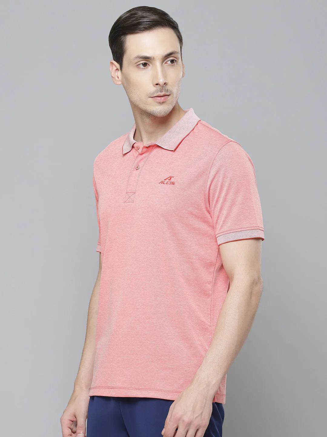 Alcis Men Peach-Coloured Solid Polo Collar T-shirt