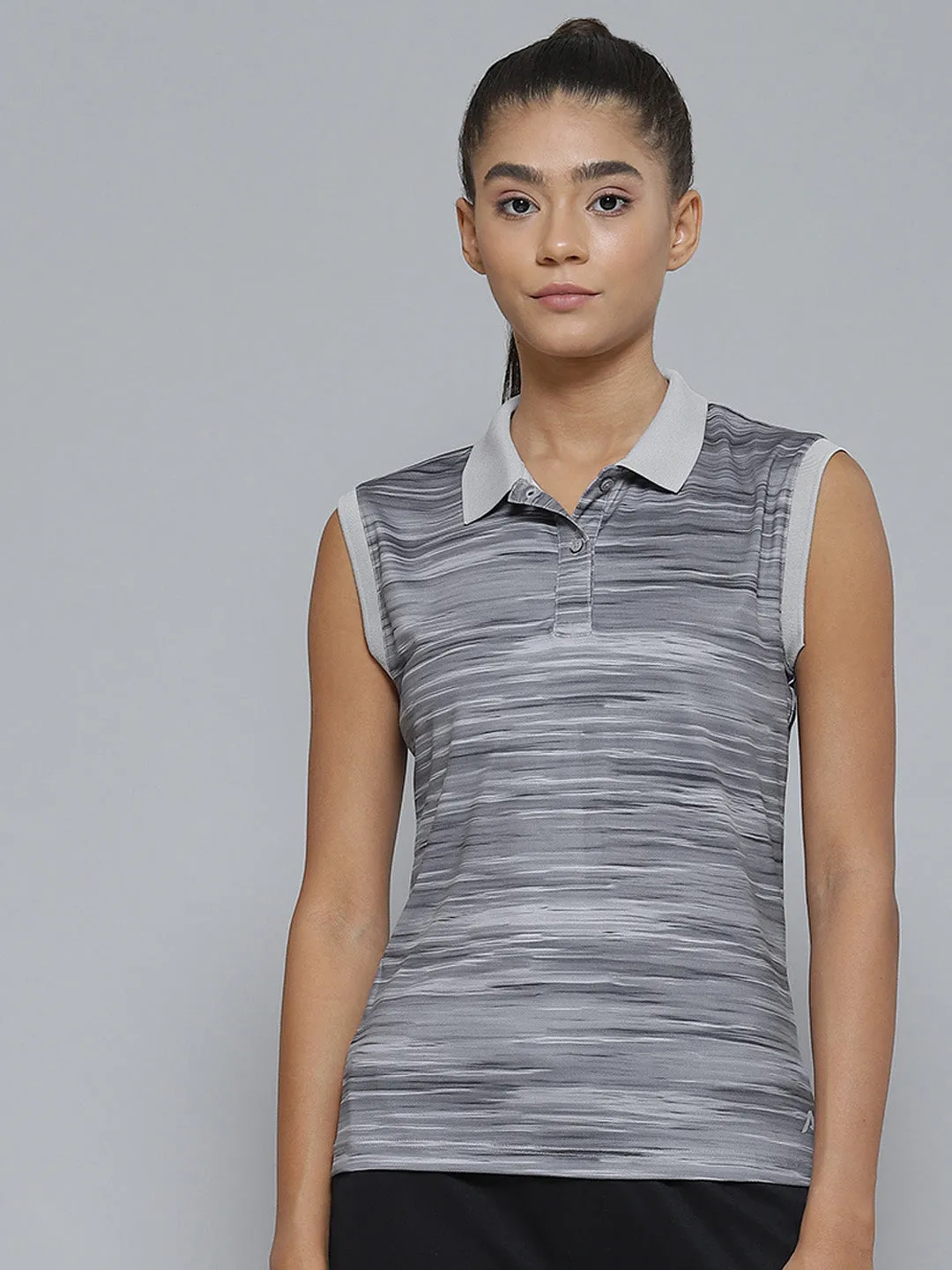 Alcis Women Grey Striped Polo Collar Slim Fit T-shirt