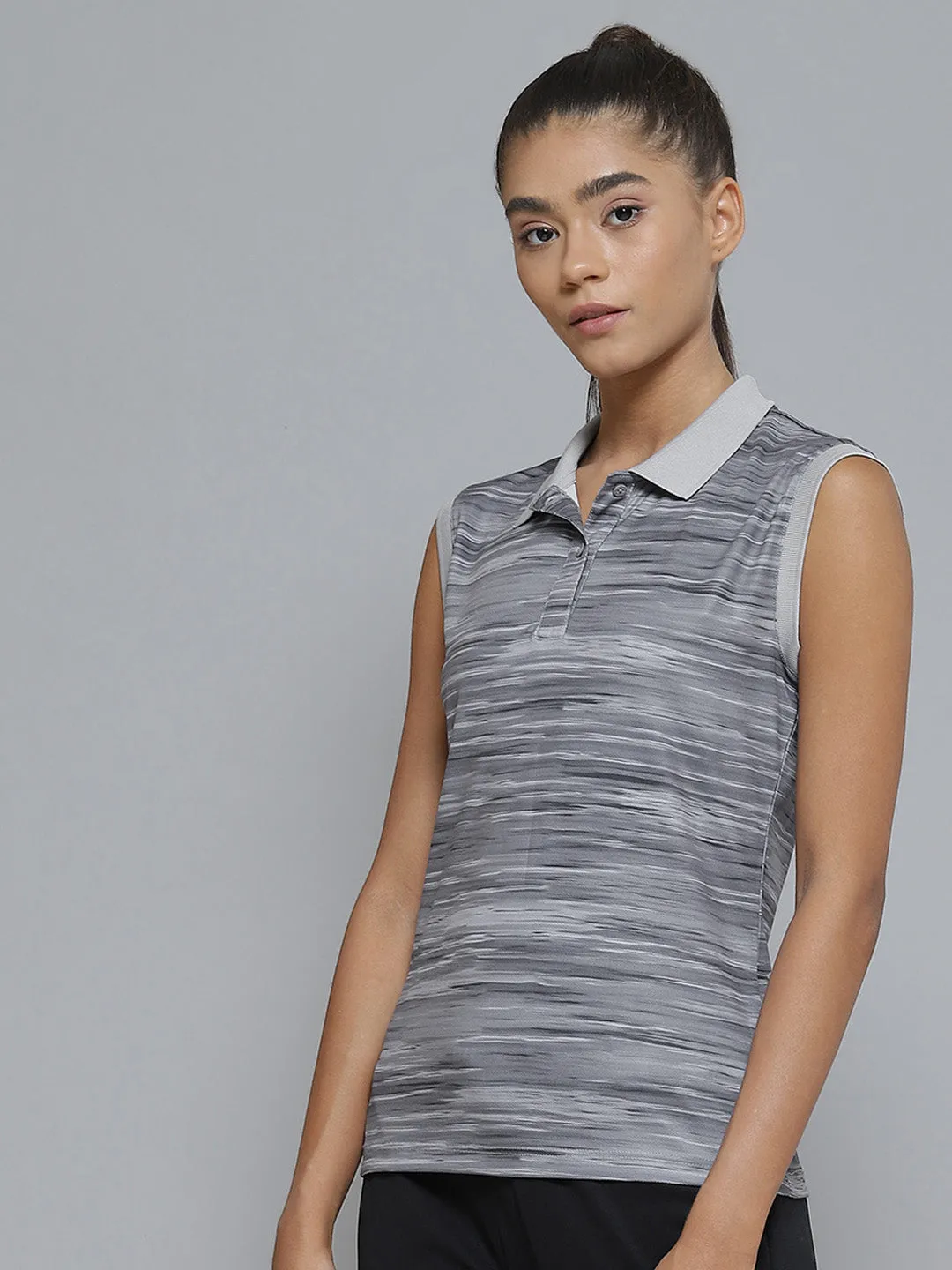 Alcis Women Grey Striped Polo Collar Slim Fit T-shirt