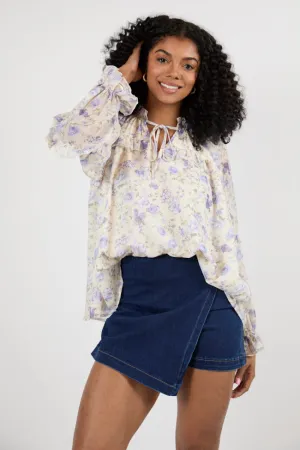 All I Want Purple Multi Oversized Ruffle Detail Popover Floral Blouse SALE