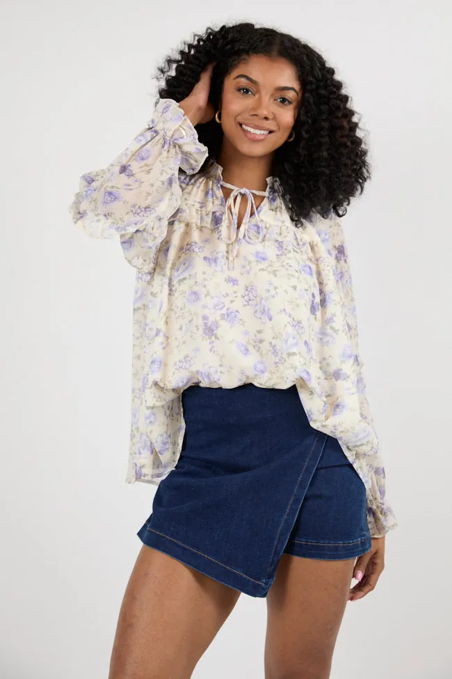 All I Want Purple Multi Oversized Ruffle Detail Popover Floral Blouse SALE