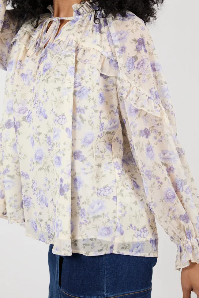 All I Want Purple Multi Oversized Ruffle Detail Popover Floral Blouse SALE