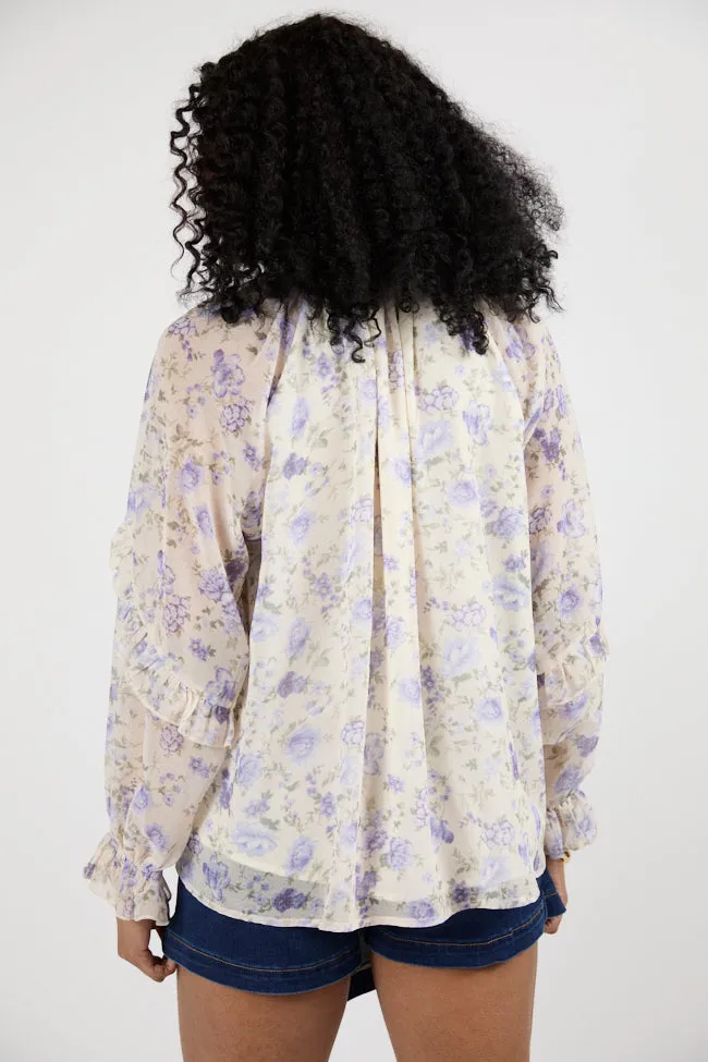 All I Want Purple Multi Oversized Ruffle Detail Popover Floral Blouse SALE