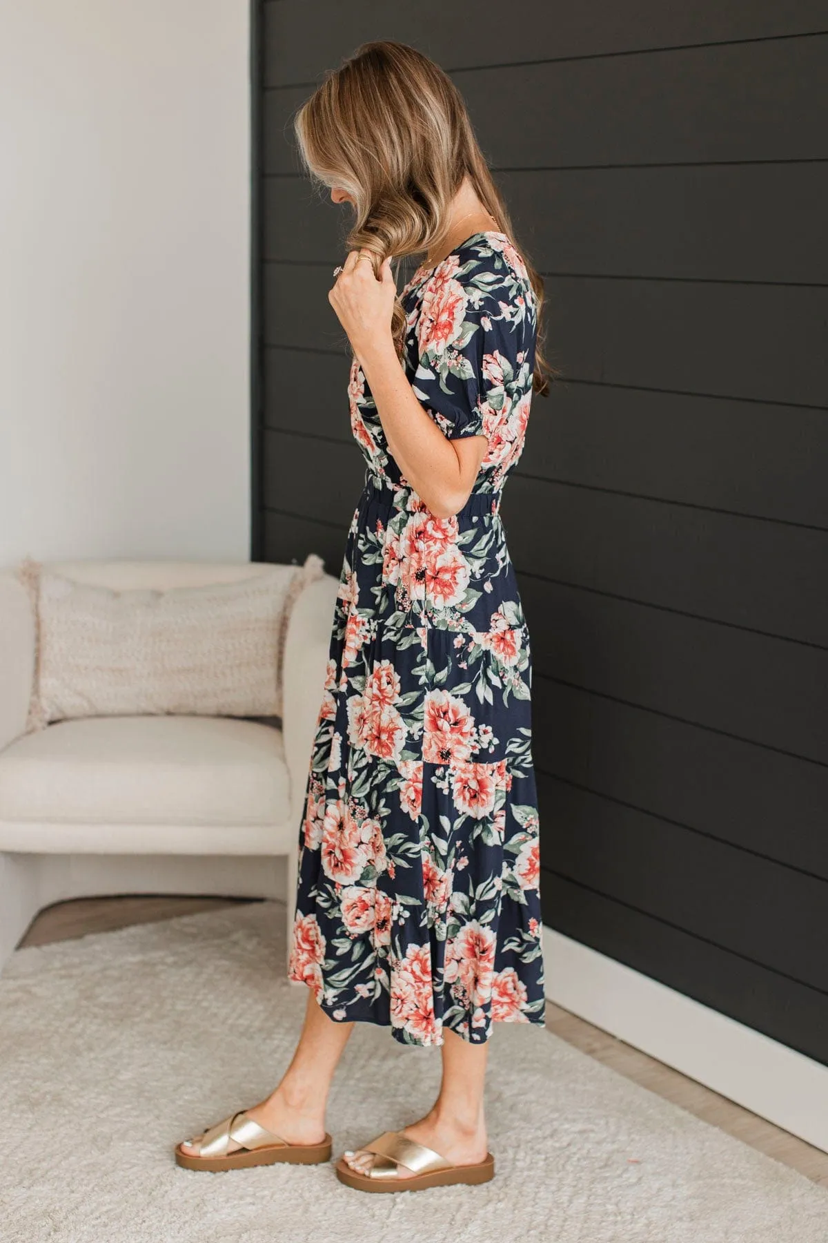 All I'm looking For Floral Midi Dress- Dark Navy