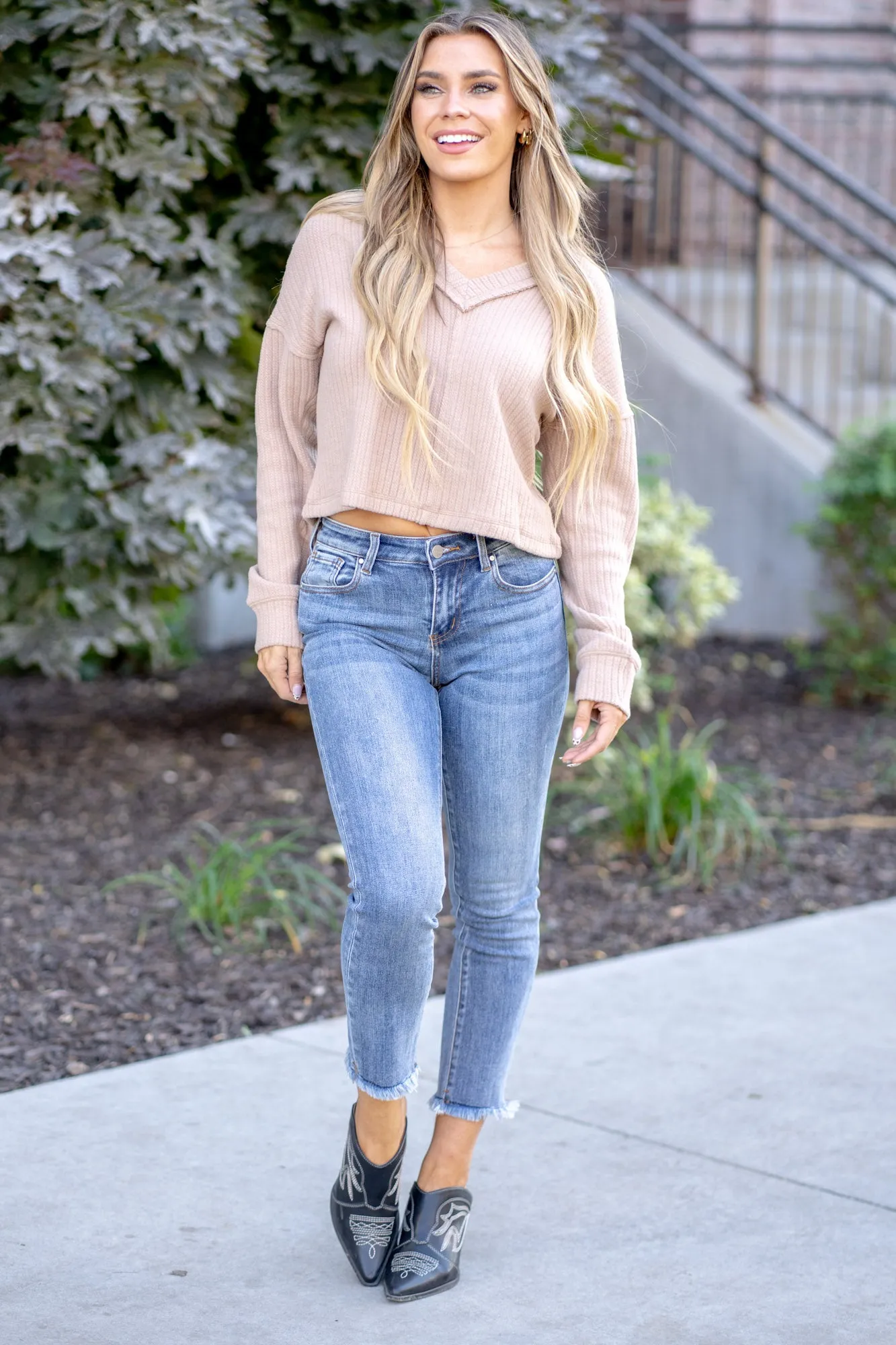 Amber Fields Mid Rise Raw Hem Straight Leg