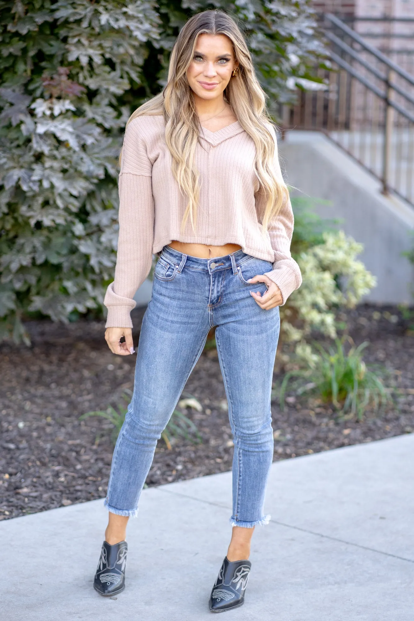 Amber Fields Mid Rise Raw Hem Straight Leg