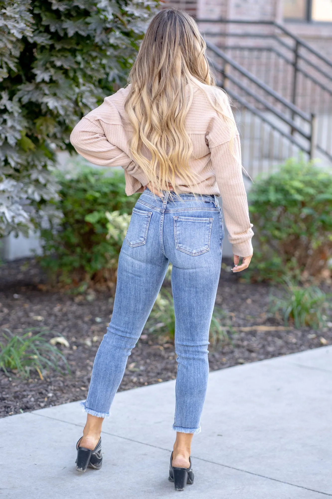 Amber Fields Mid Rise Raw Hem Straight Leg