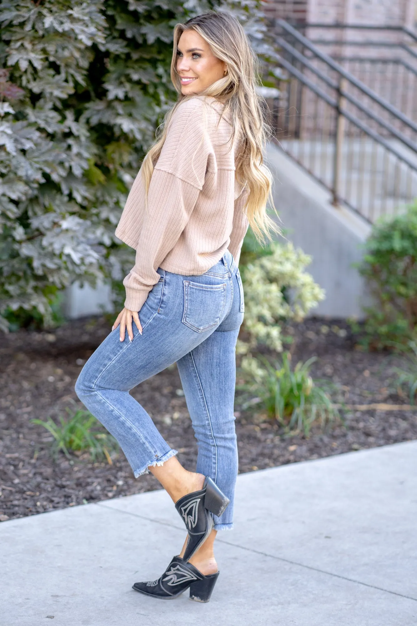 Amber Fields Mid Rise Raw Hem Straight Leg