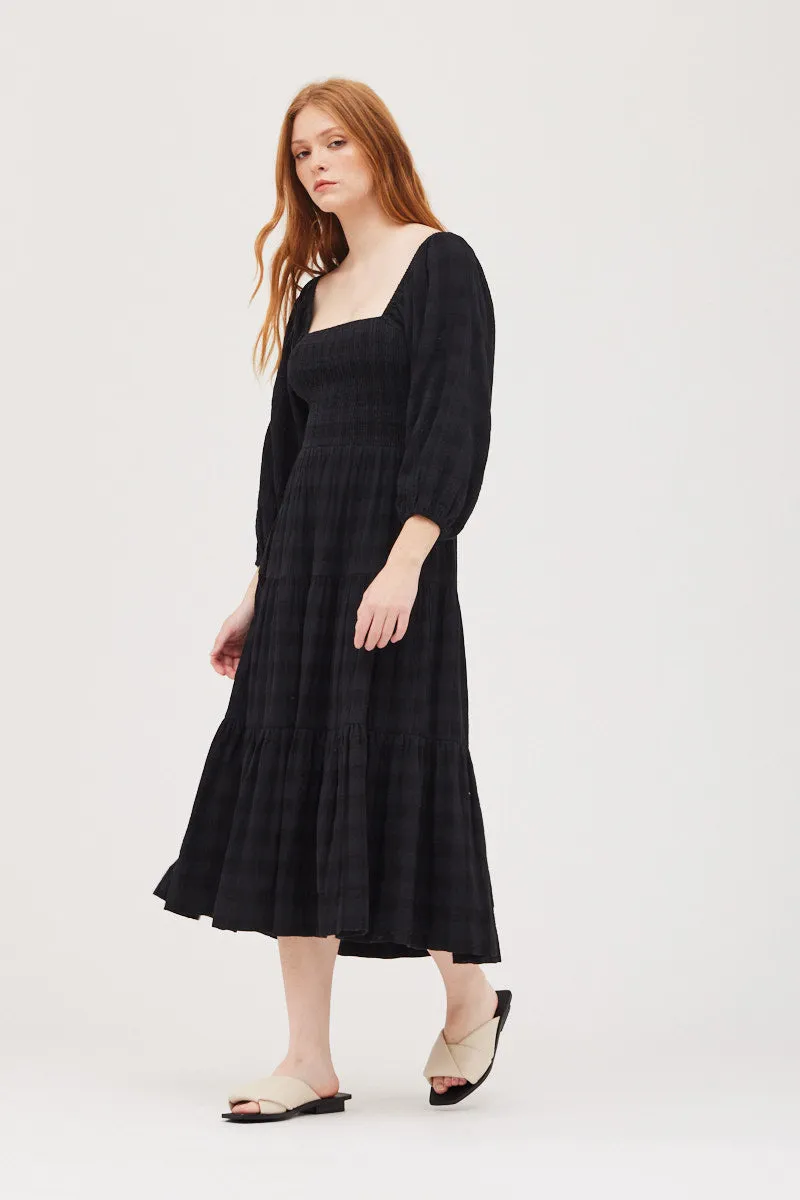 Amelia Square Neck Tiered Midi Dress - Black