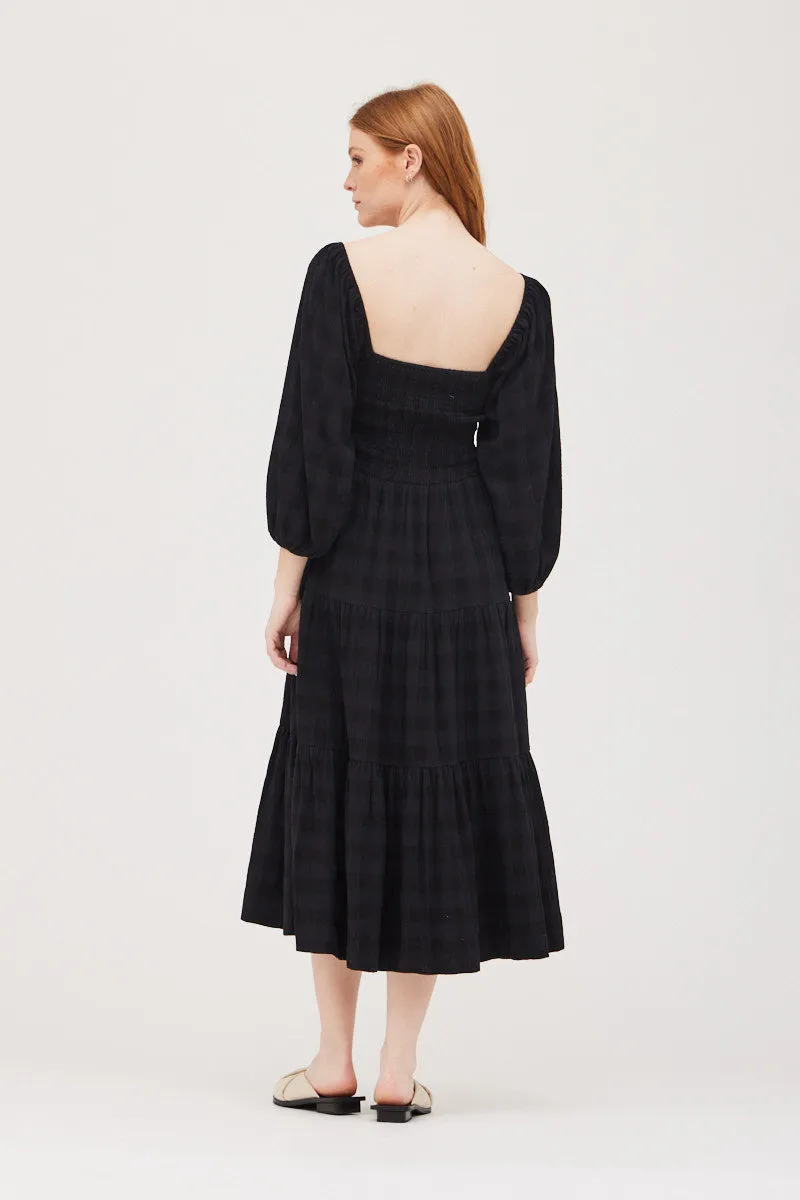 Amelia Square Neck Tiered Midi Dress - Black
