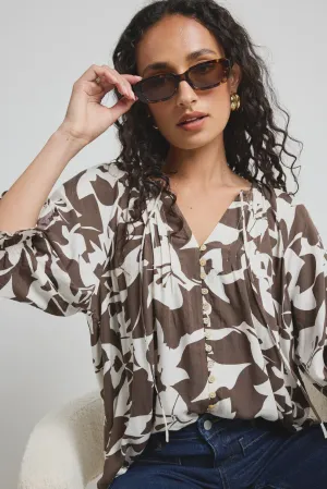 Among The Brave Antic Button Front Pintuck SS Blouse - Chocolate Cutout Print