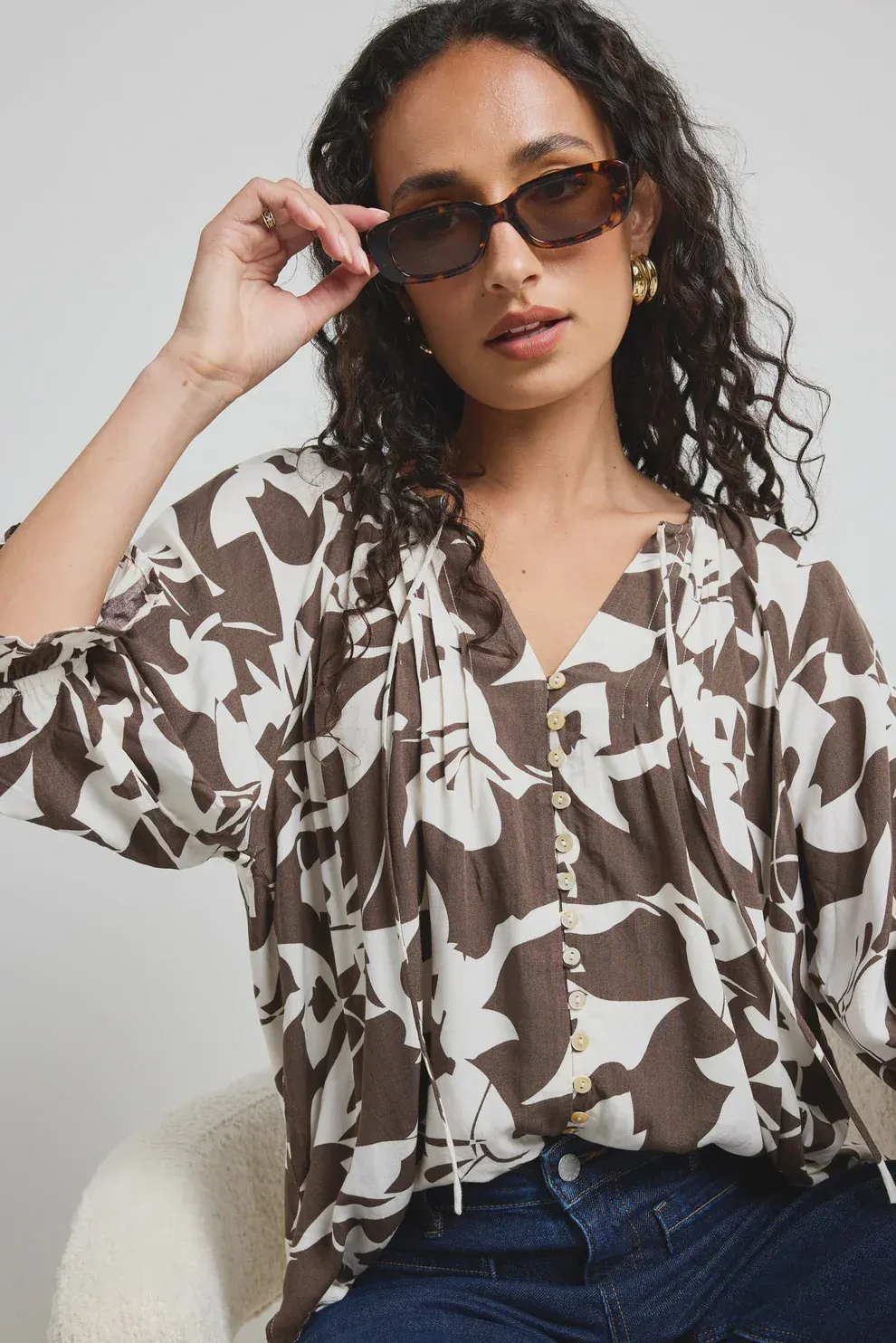 Among The Brave Antic Button Front Pintuck SS Blouse - Chocolate Cutout Print