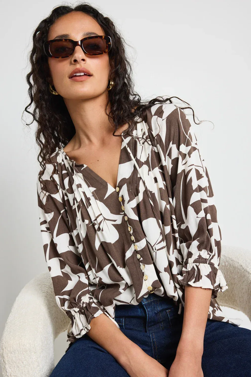 Among The Brave Antic Button Front Pintuck SS Blouse - Chocolate Cutout Print