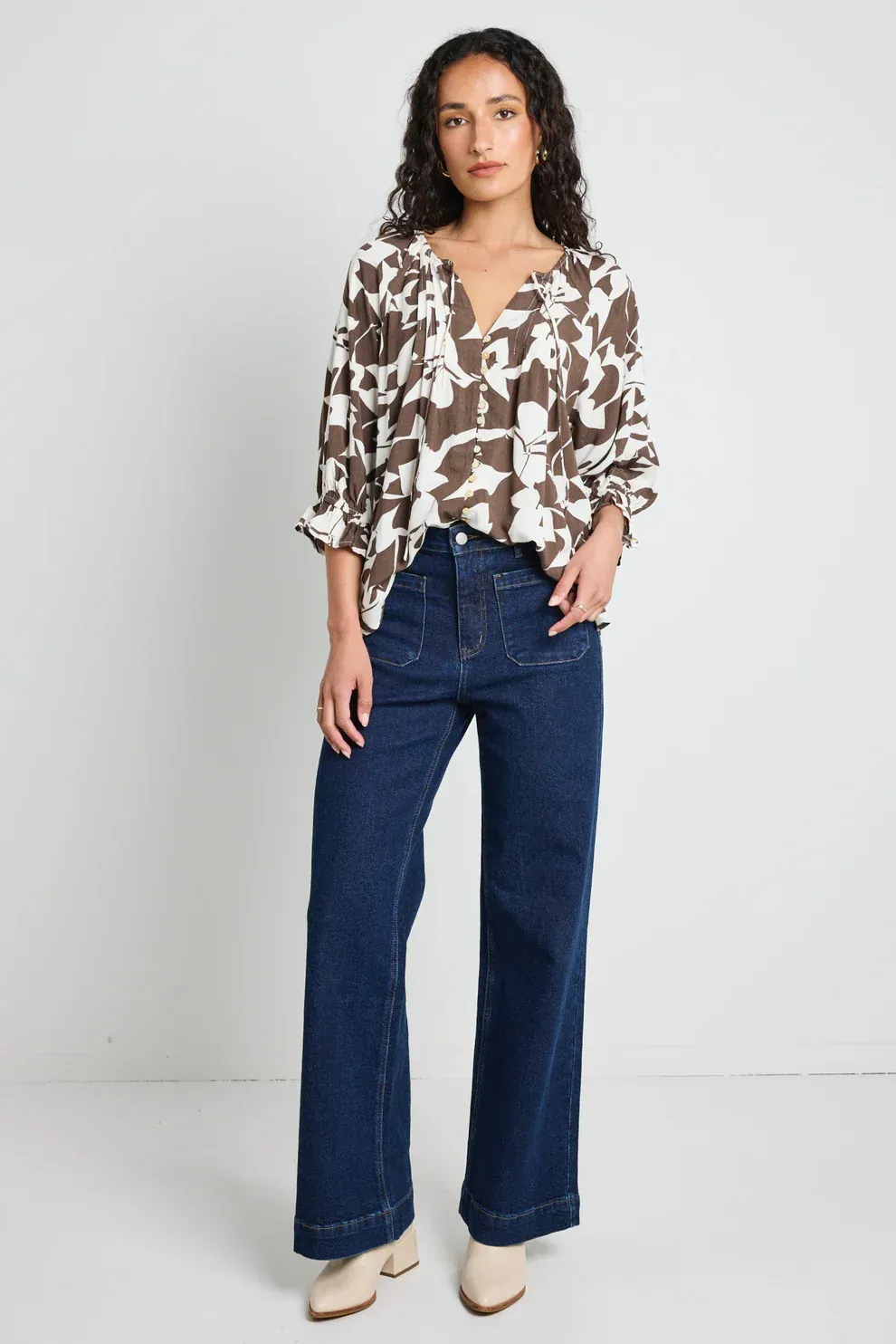 Among The Brave Antic Button Front Pintuck SS Blouse - Chocolate Cutout Print