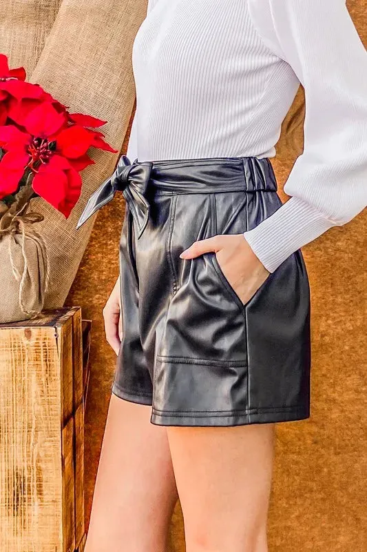 And The Why Faux Leather Shorts With Waist Ribbon