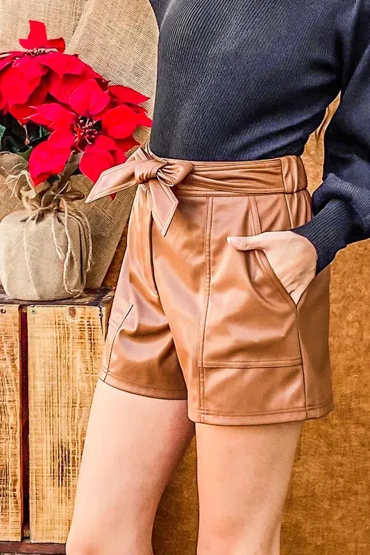 And The Why Faux Leather Shorts with Waist Ribbon