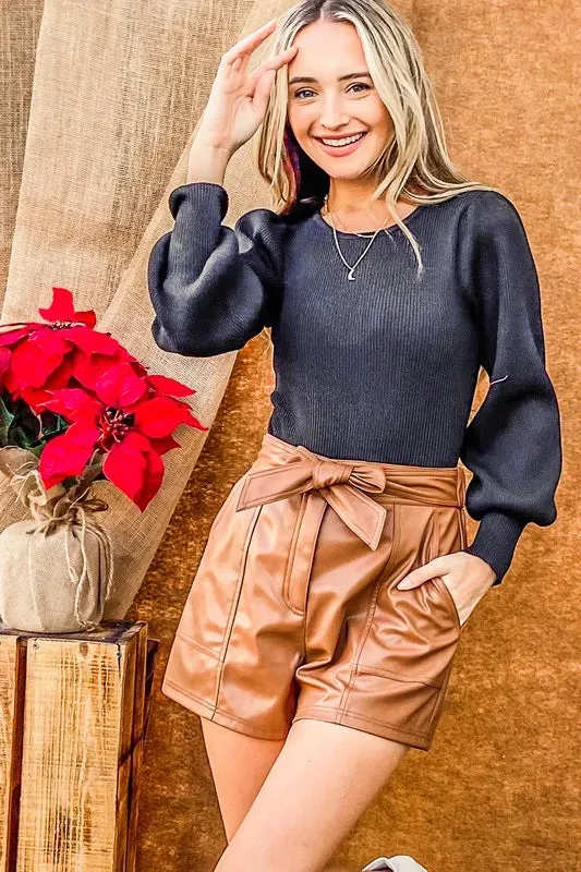 And The Why Faux Leather Shorts with Waist Ribbon