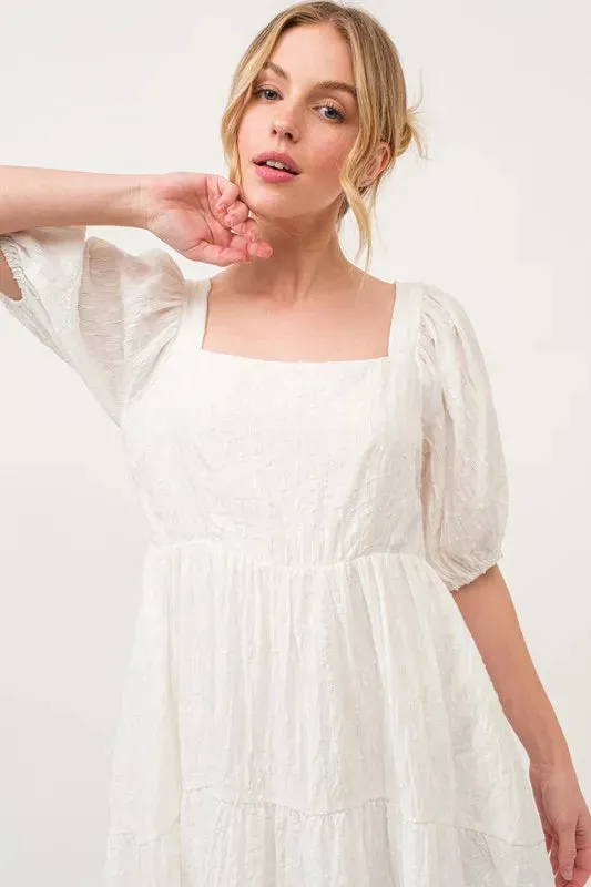 And The Why Square Neck Puff Sleeve Tiered Mini Dress