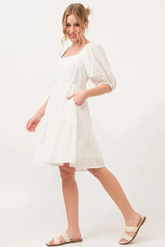 And The Why Square Neck Puff Sleeve Tiered Mini Dress