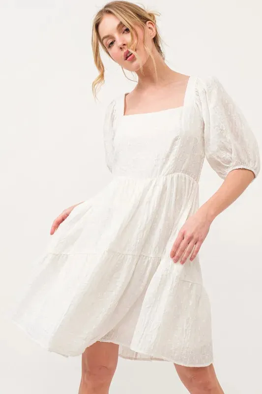 And The Why Square Neck Puff Sleeve Tiered Mini Dress