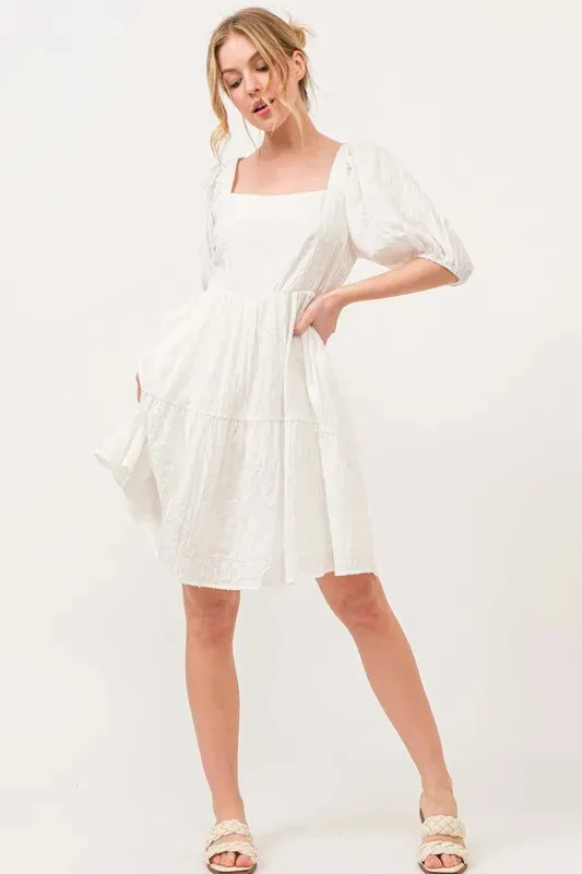 And The Why Square Neck Puff Sleeve Tiered Mini Dress