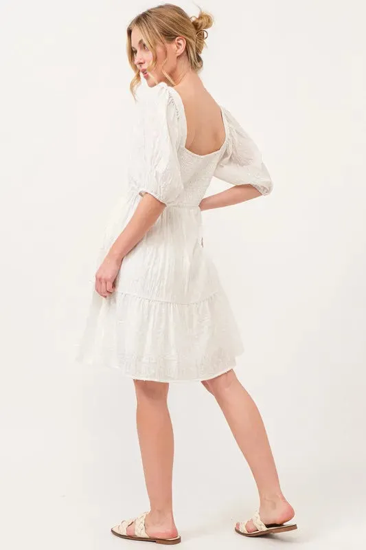 And The Why Square Neck Puff Sleeve Tiered Mini Dress