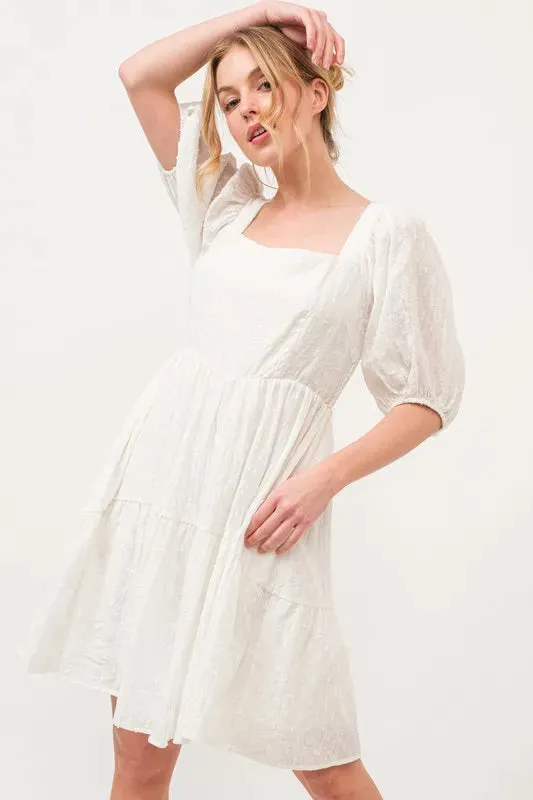 And The Why Square Neck Puff Sleeve Tiered Mini Dress