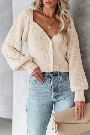 Apricot Pearl Embellished Puff Sleeve V Neck Sweater Cardigan