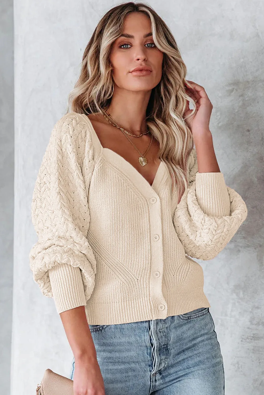 Apricot Pearl Embellished Puff Sleeve V Neck Sweater Cardigan