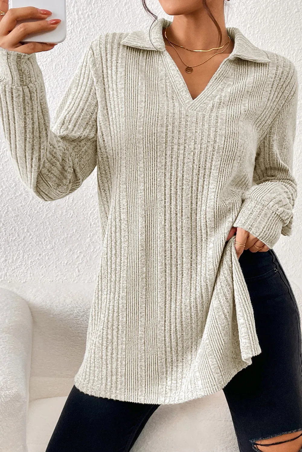 Apricot Ribbed Knit V Neck Collared Split Hem Tunic