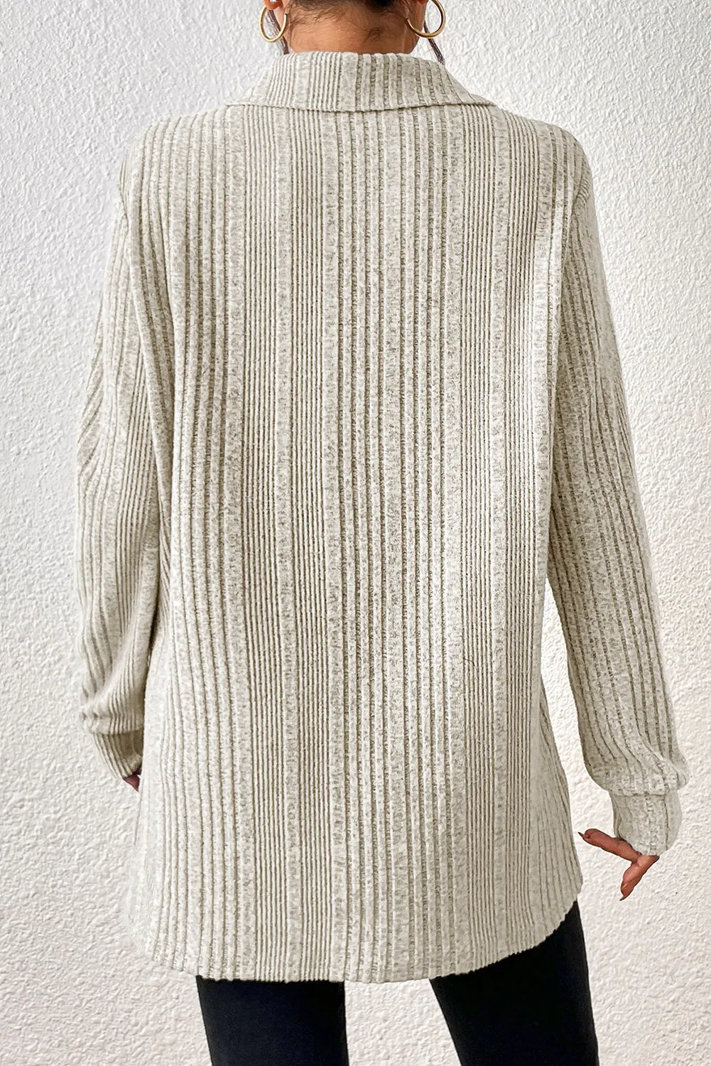 Apricot Ribbed Knit V Neck Collared Split Hem Tunic