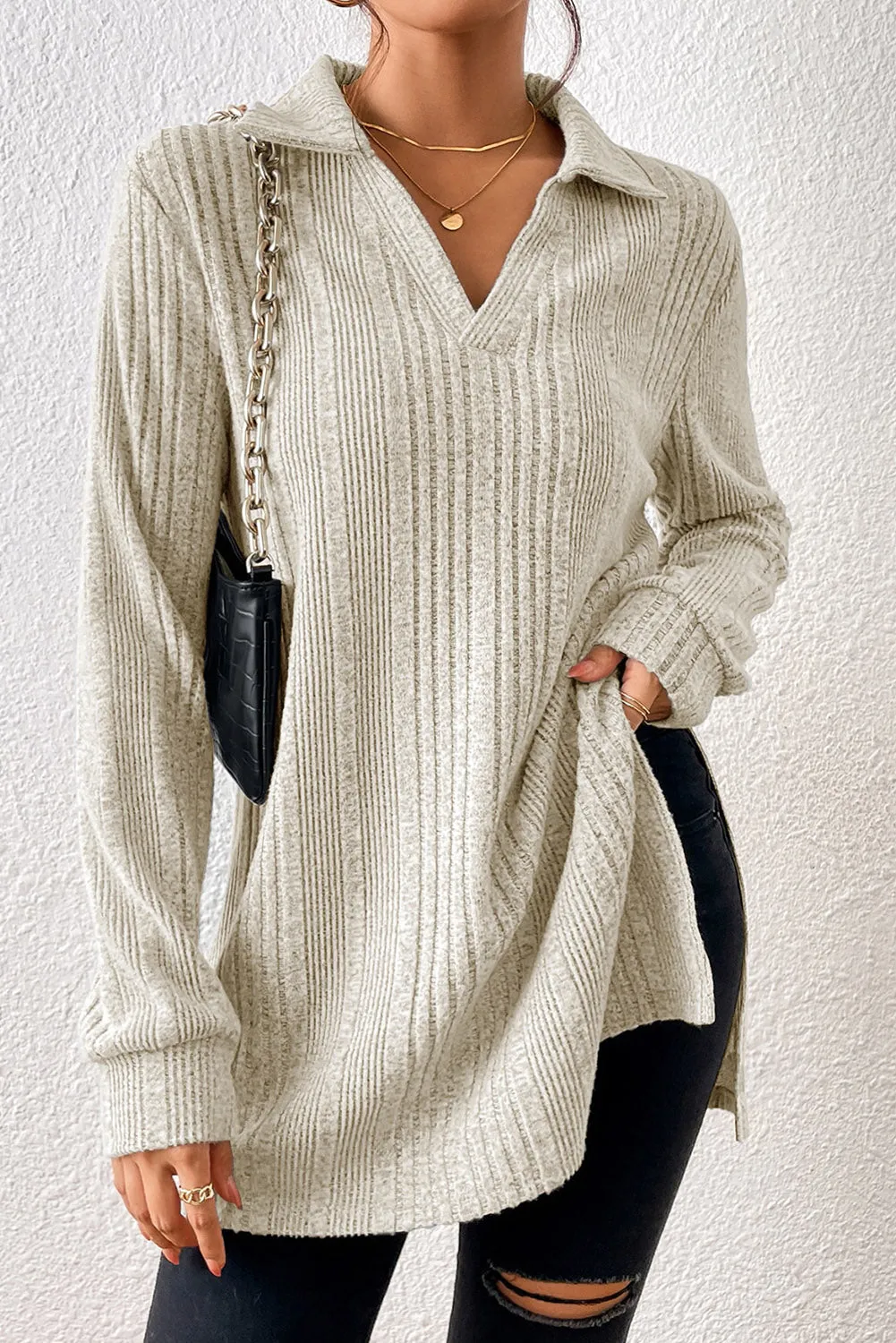 Apricot Ribbed Knit V Neck Collared Split Hem Tunic