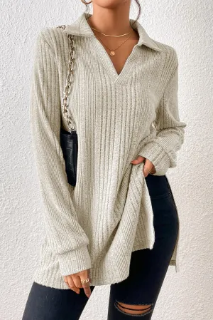 Apricot Ribbed Knit V Neck Collared Split Hem Tunic