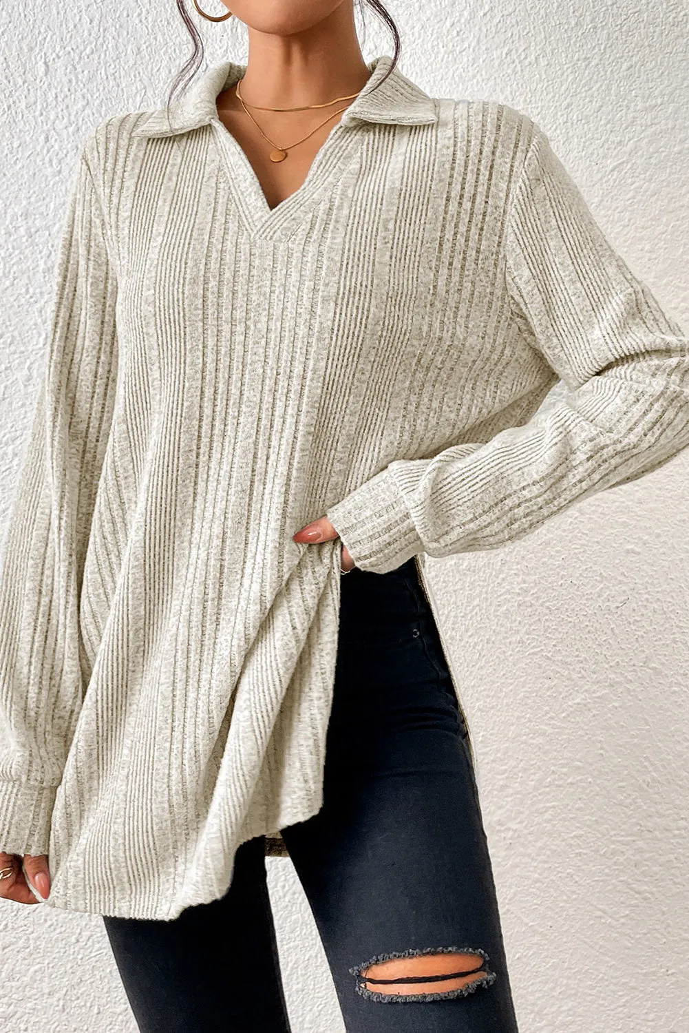 Apricot Ribbed Knit V Neck Collared Split Hem Tunic