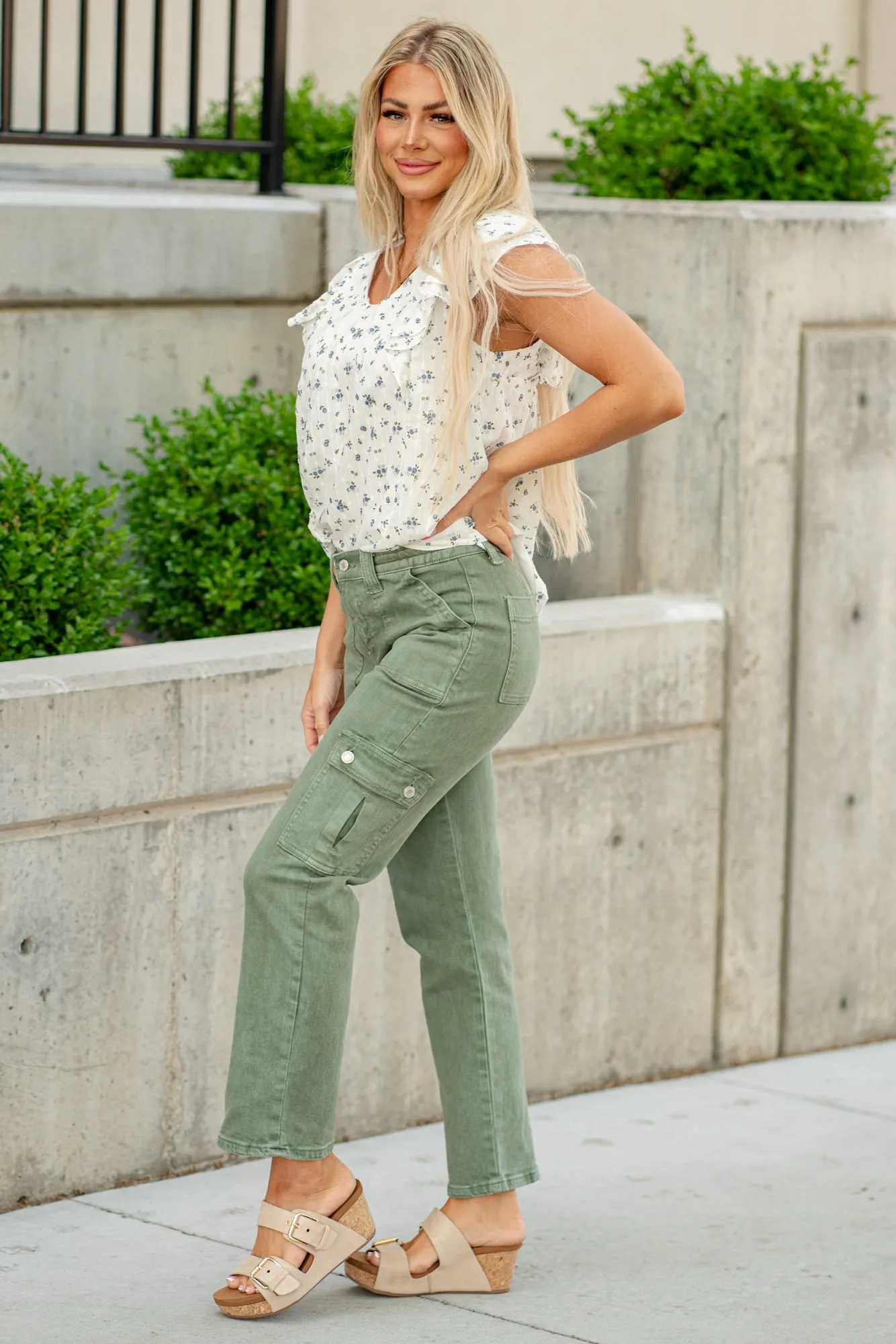 Army Green Mid Rise Cargo Straight