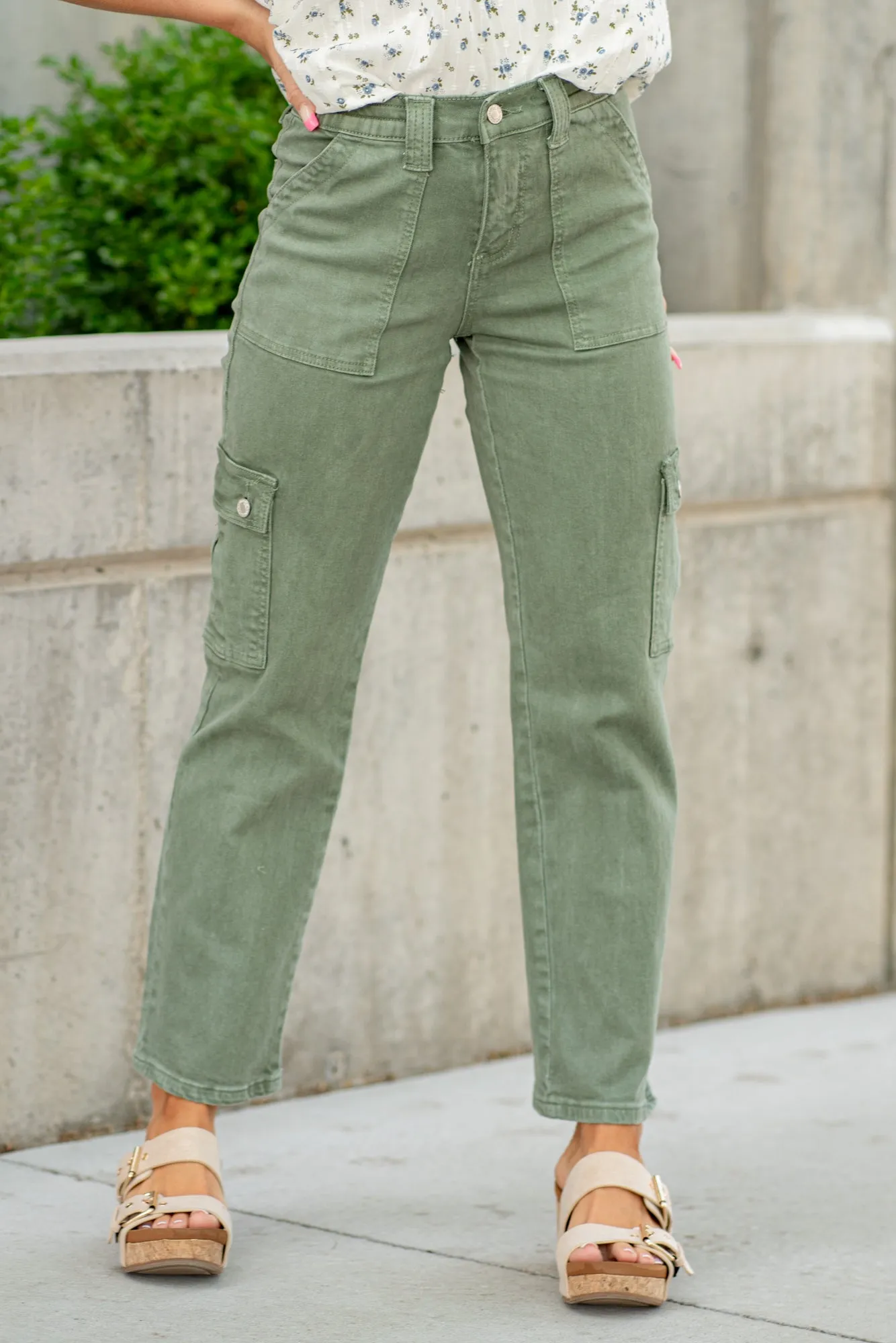 Army Green Mid Rise Cargo Straight