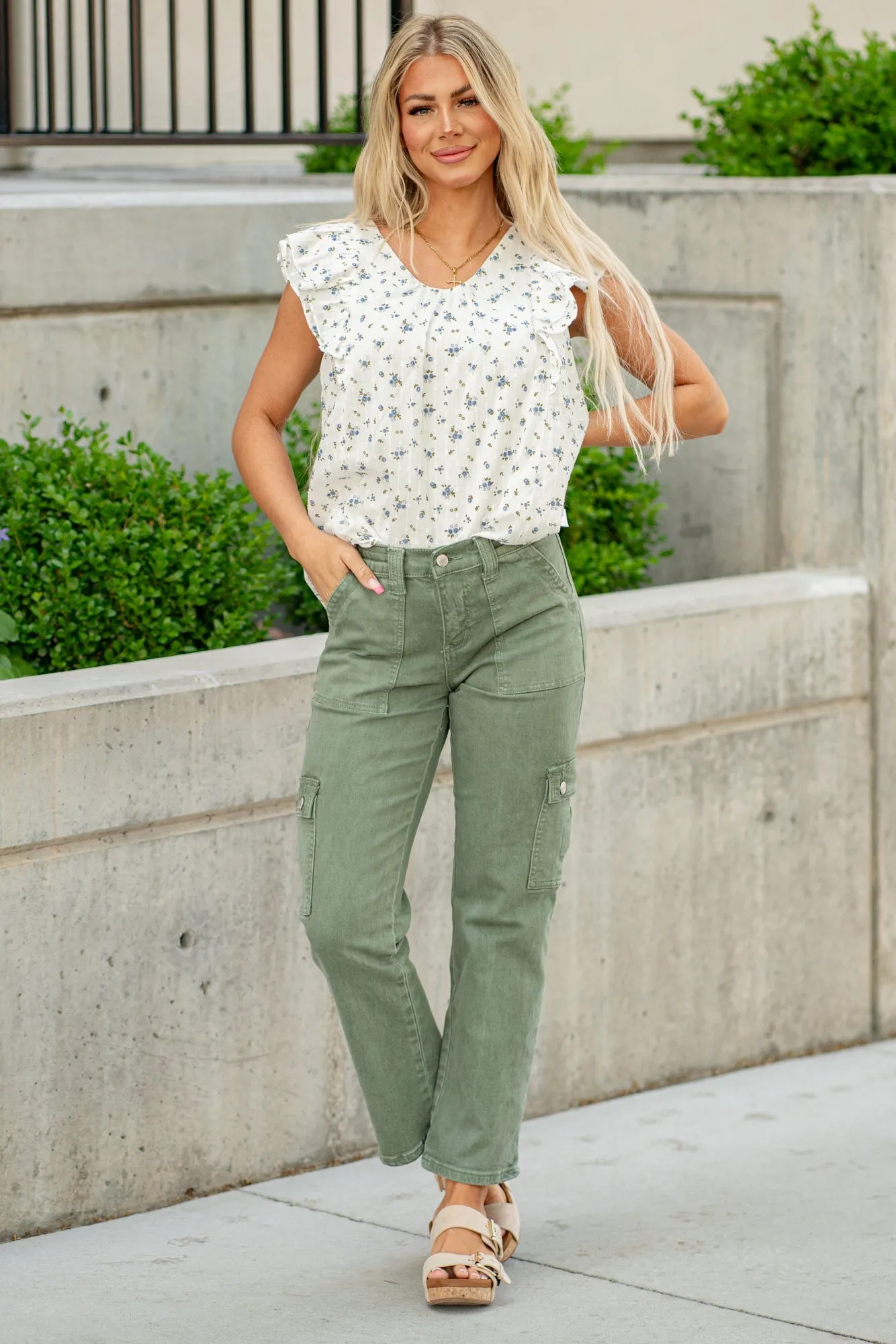 Army Green Mid Rise Cargo Straight