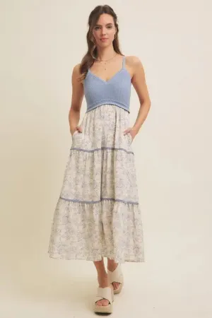 Aurora Knit Cami Floral Midi Dress - Slate Blue