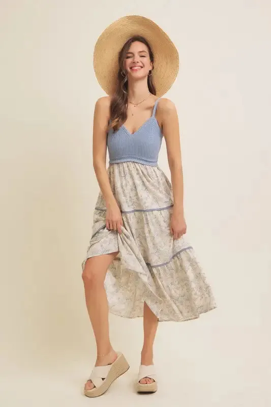 Aurora Knit Cami Floral Midi Dress - Slate Blue