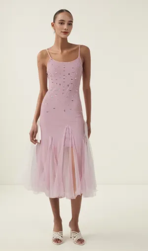 Axelle purple embellished mesh midi dress