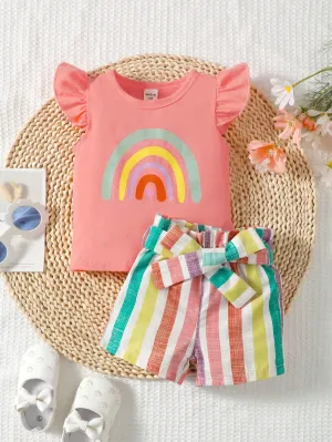 Baby Girl Rainbow Print Ruffle Trim Tee & Belted Shorts Set - FD