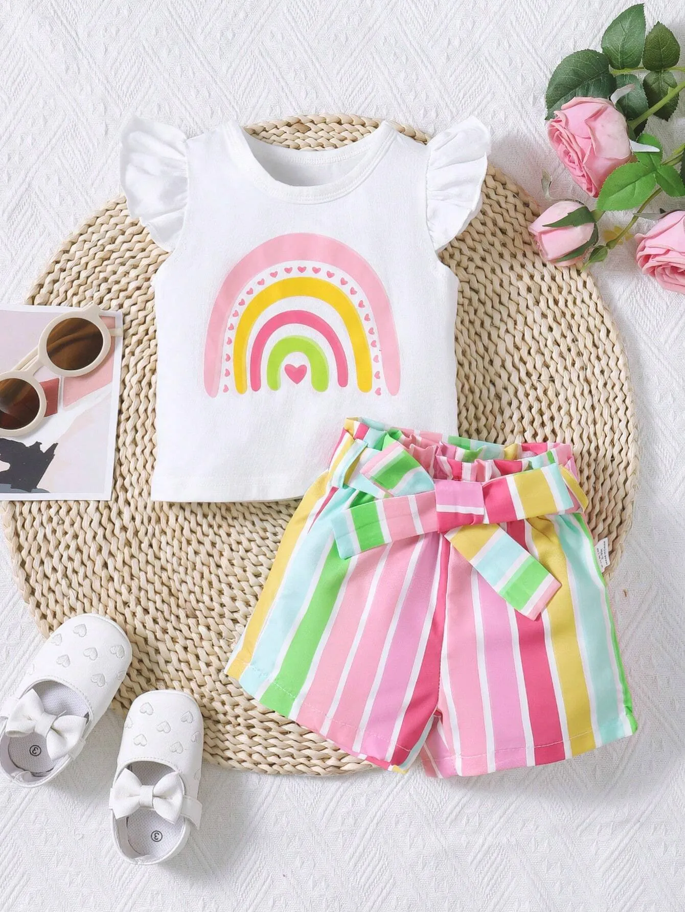 Baby Girl Rainbow Print Ruffle Trim Tee & Belted Shorts Set - FD